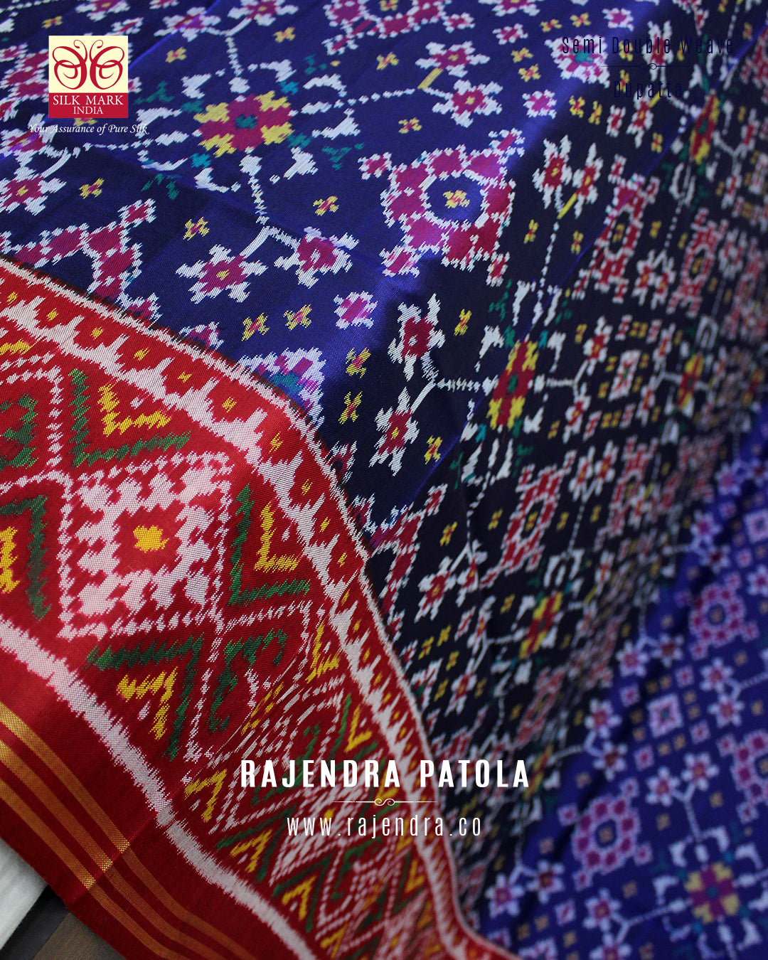 Navratna Design Red and Blue Semi Double Weave Rajkot Patola Dupatta