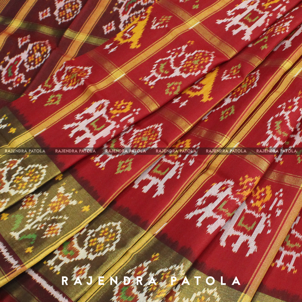 Handwoven Hathi Popat Red Brown Zari Checks Rajkot Patola Saree