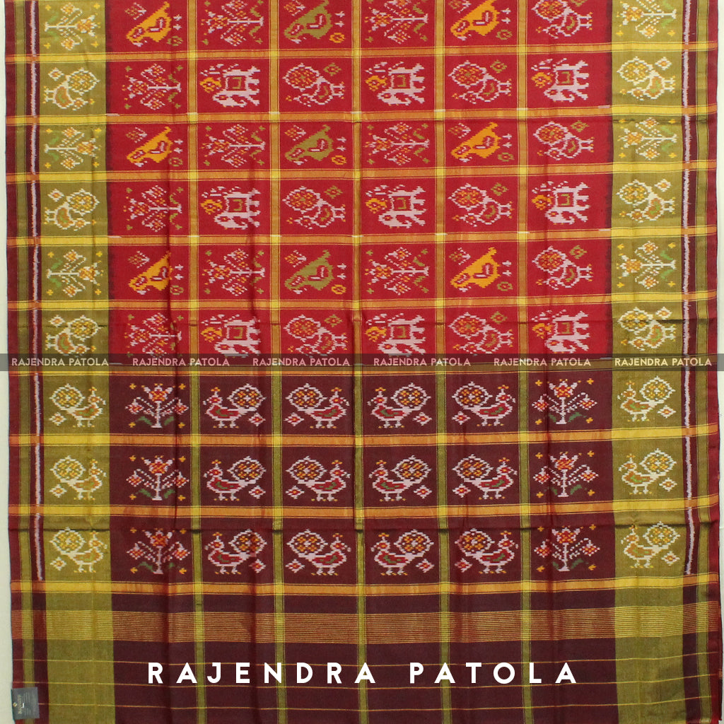 Handwoven Hathi Popat Red Brown Zari Checks Rajkot Patola Saree