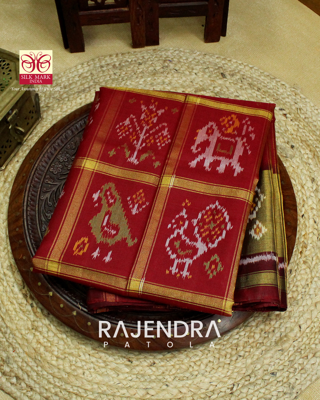 Handwoven Hathi Popat Red Brown Zari Checks Rajkot Patola Saree