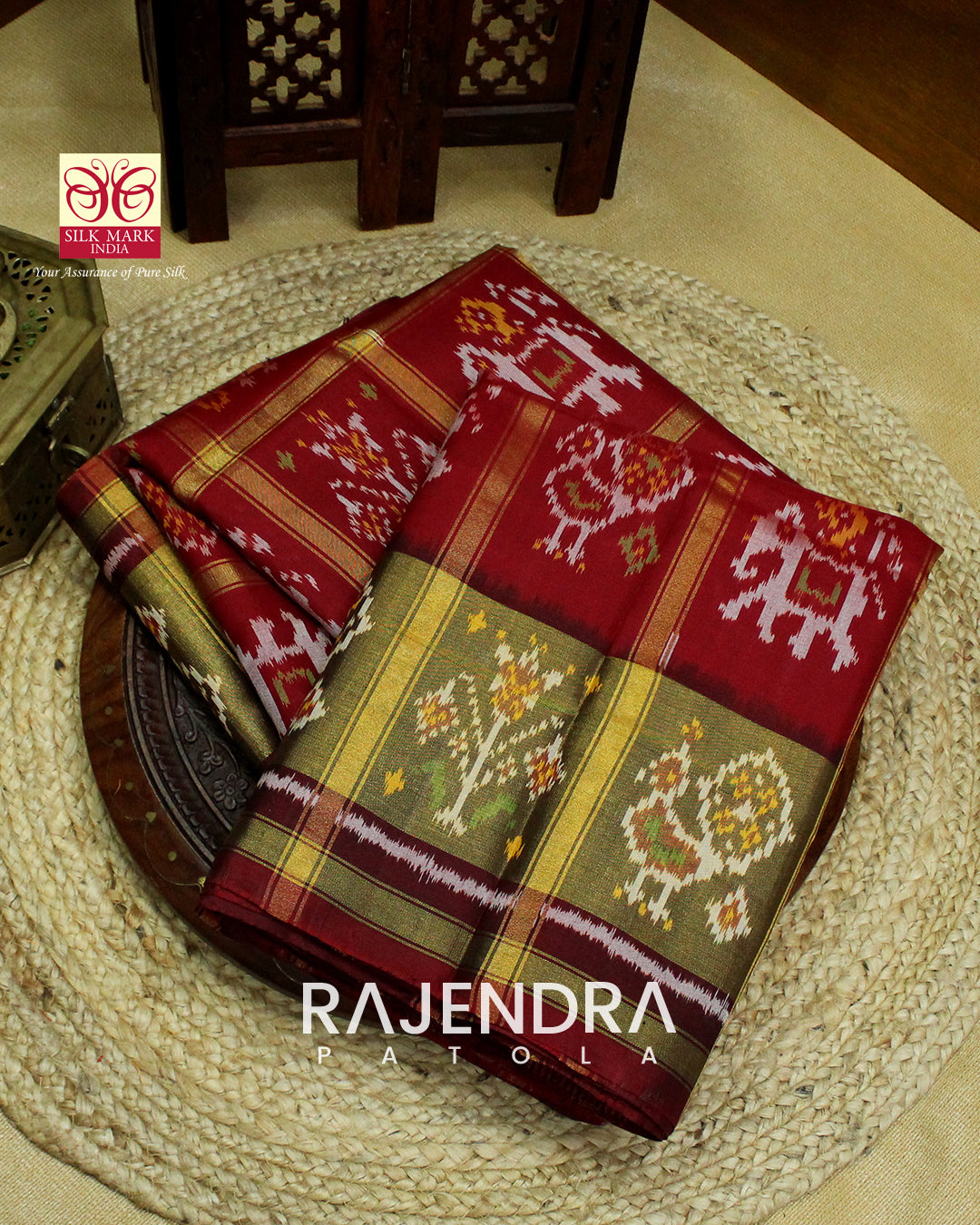 Handwoven Hathi Popat Red Brown Zari Checks Rajkot Patola Saree