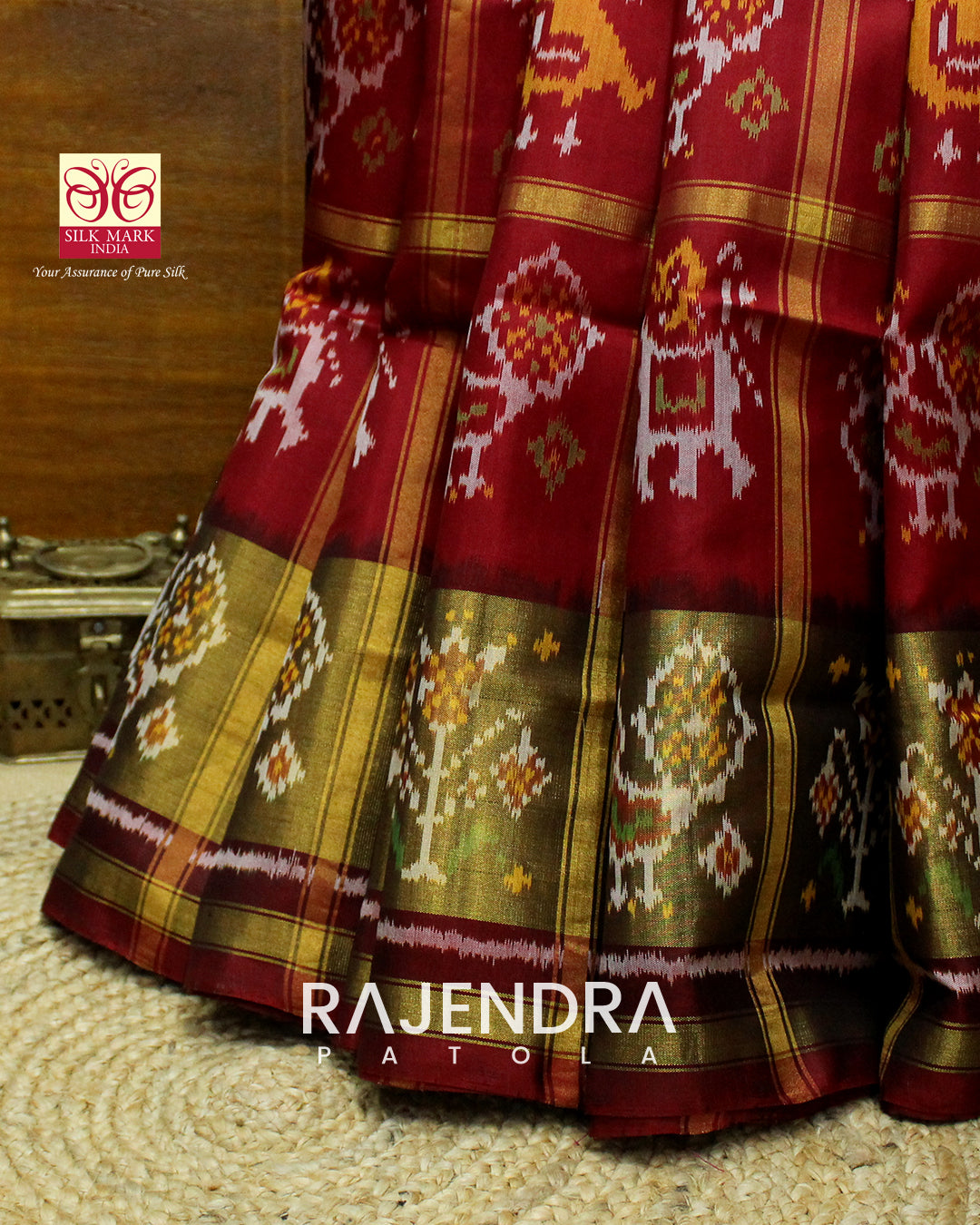 Handwoven Hathi Popat Red Brown Zari Checks Rajkot Patola Saree