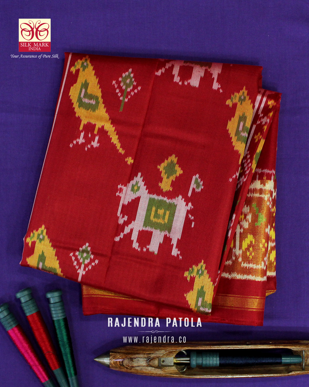 Traditional Hathi Popat Red Single Ikat Rajkot Patola Saree
