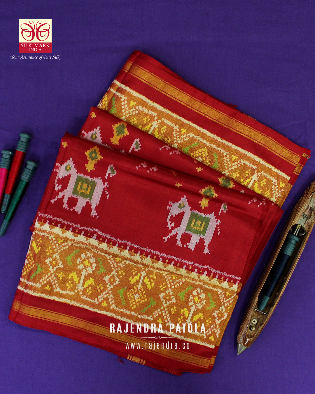 Traditional Hathi Popat Red Single Ikat Rajkot Patola Saree