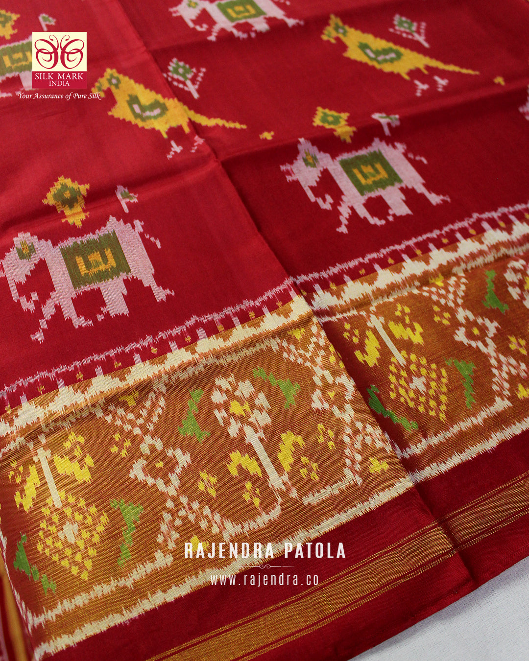 Traditional Hathi Popat Red Single Ikat Rajkot Patola Saree