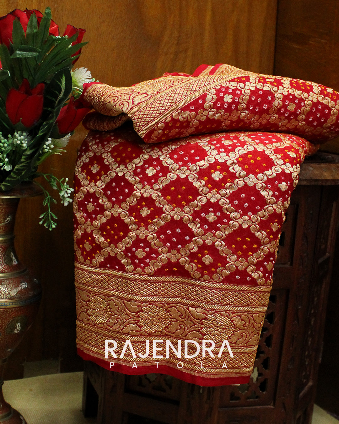 Traditional Pure Georgette Red Orange Banarasi Bandhani Saree