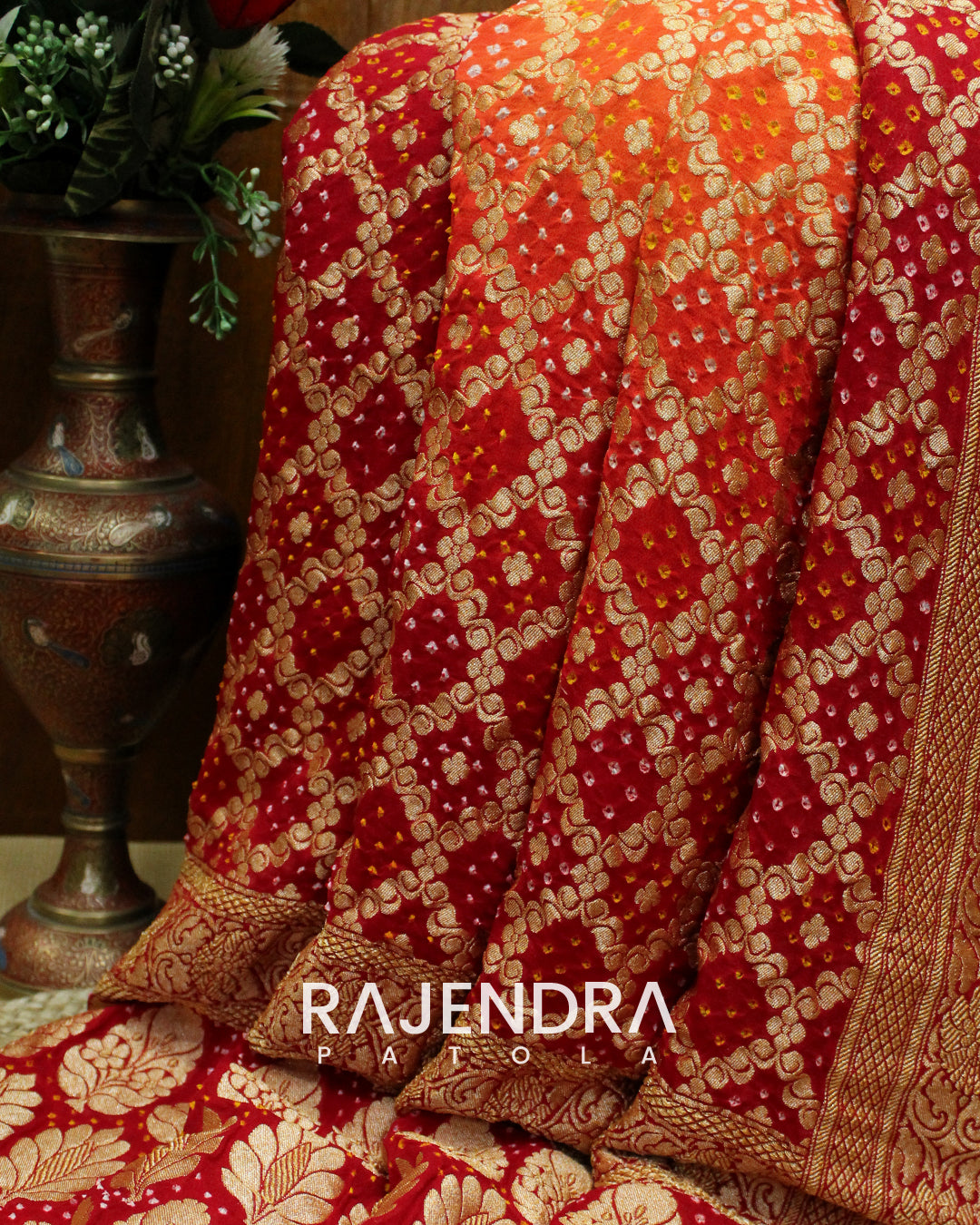 Traditional Pure Georgette Red Orange Banarasi Bandhani Saree