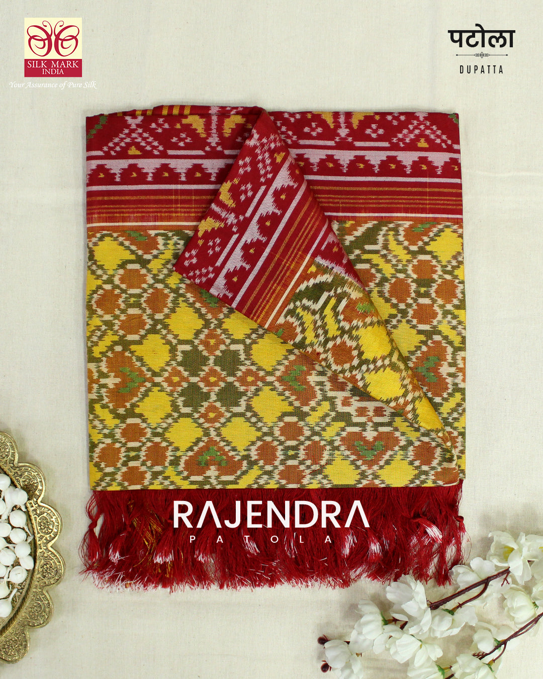 Traditional Navratan Red Yellow Semi Double Weave Rajkot Patola Dupatta