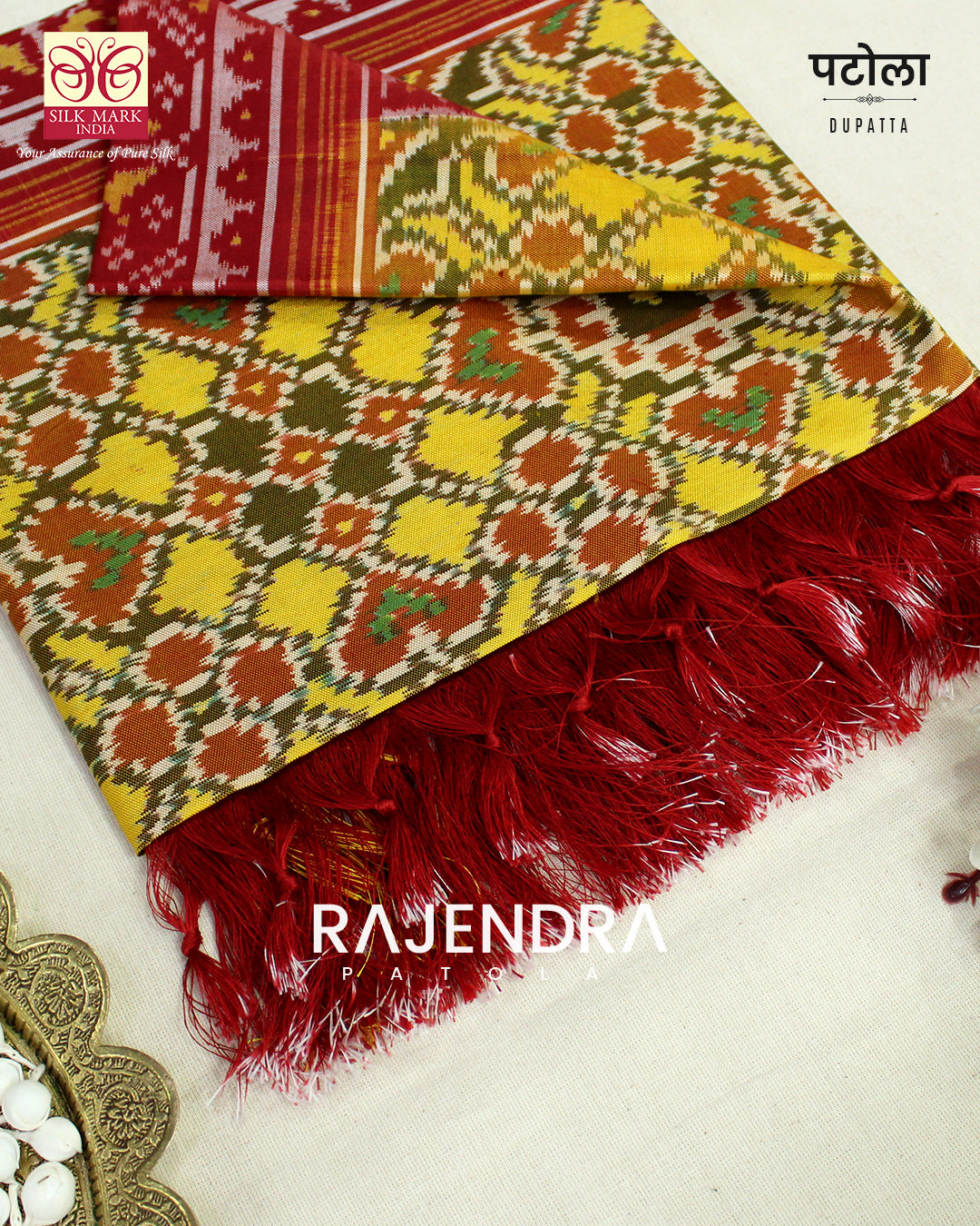 Traditional Navratan Red Yellow Semi Double Weave Rajkot Patola Dupatta