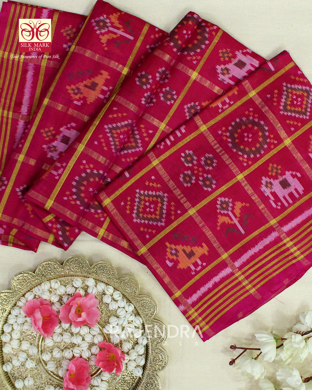 Traditional Zari Checks Bandhani Bhat Rani Pink Single Ikat Rajkot Patola Dupatta