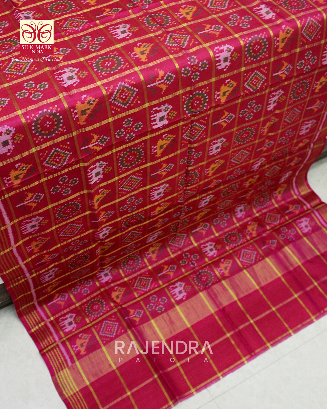 Traditional Zari Checks Bandhani Bhat Rani Pink Single Ikat Rajkot Patola Dupatta