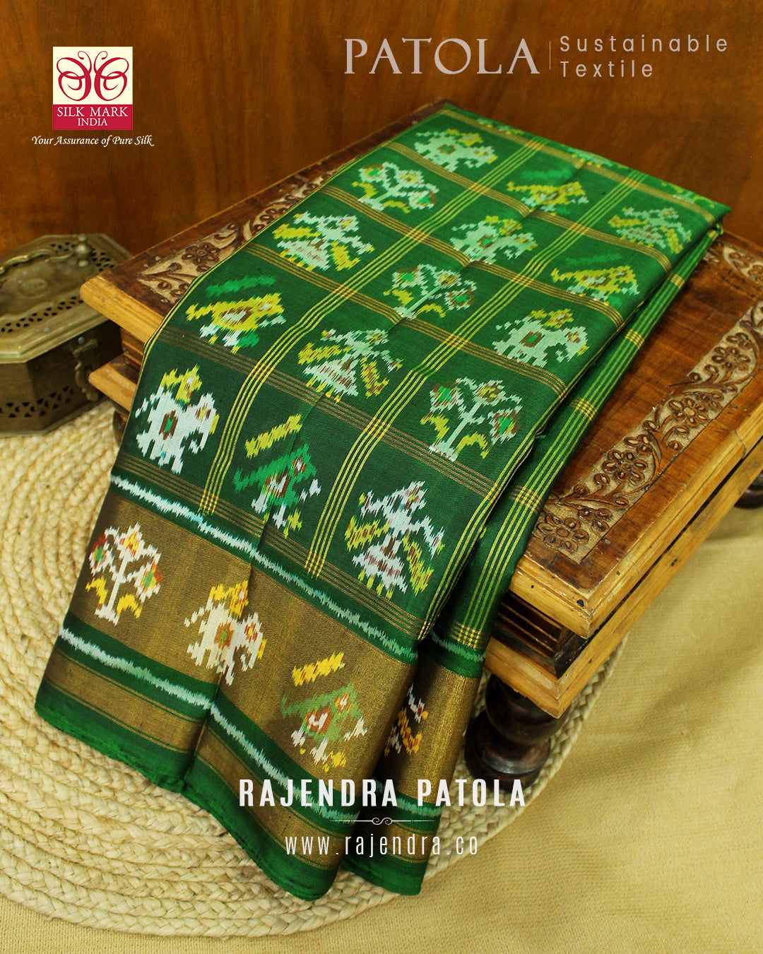 Handwoven Hathi Popat Green Zari Checks Rajkot Patola Saree