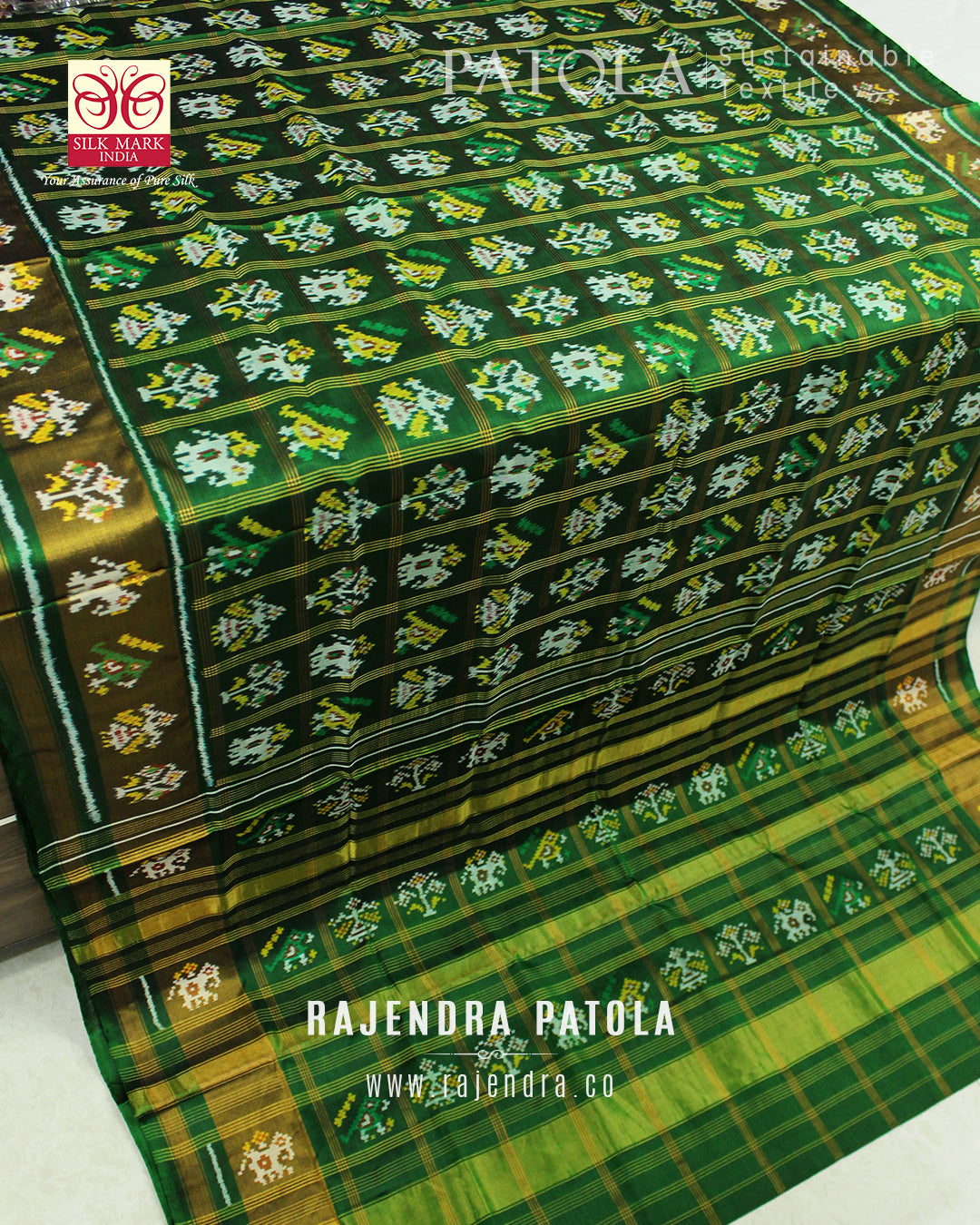 Handwoven Hathi Popat Green Zari Checks Rajkot Patola Saree
