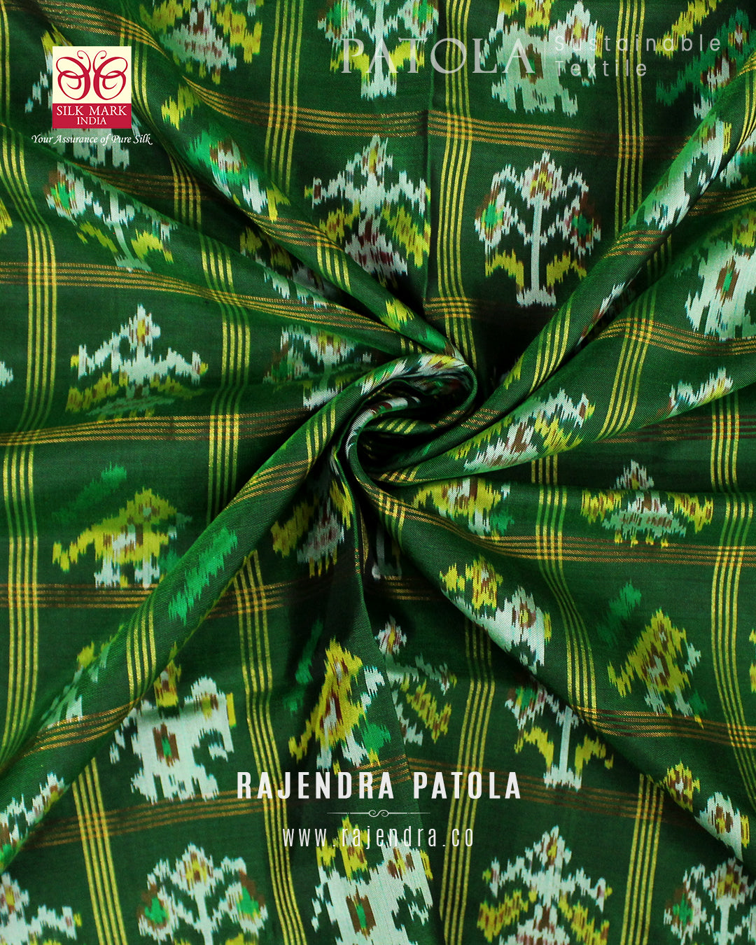 Handwoven Hathi Popat Green Zari Checks Rajkot Patola Saree