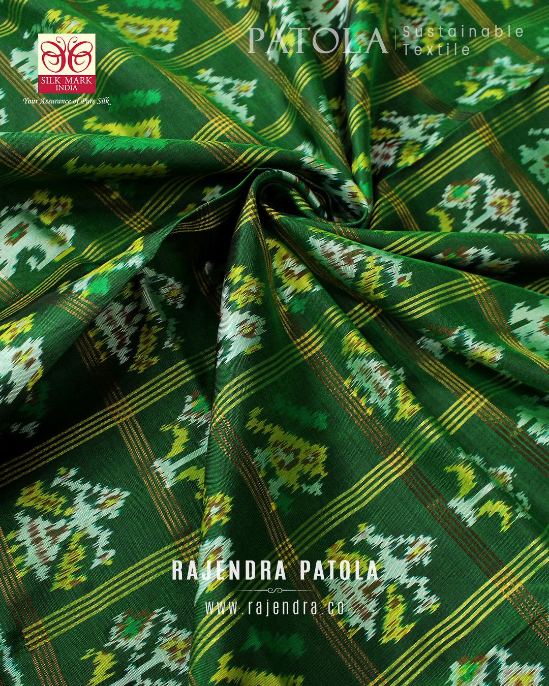 Handwoven Hathi Popat Green Zari Checks Rajkot Patola Saree