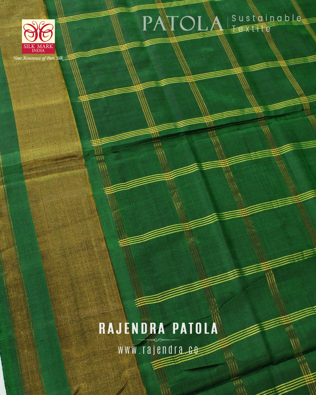 Handwoven Hathi Popat Green Zari Checks Rajkot Patola Saree