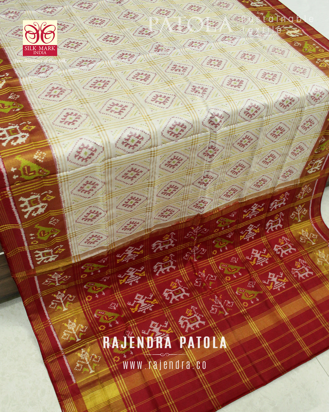 Traditional Zari Checks Off-White and Red Rajkot Patola Saree