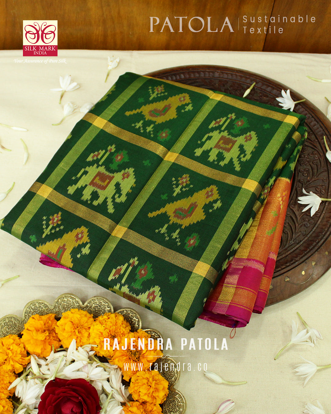 Traditional Zari Checks Pink Green Single Ikat Rajkot Patola Saree