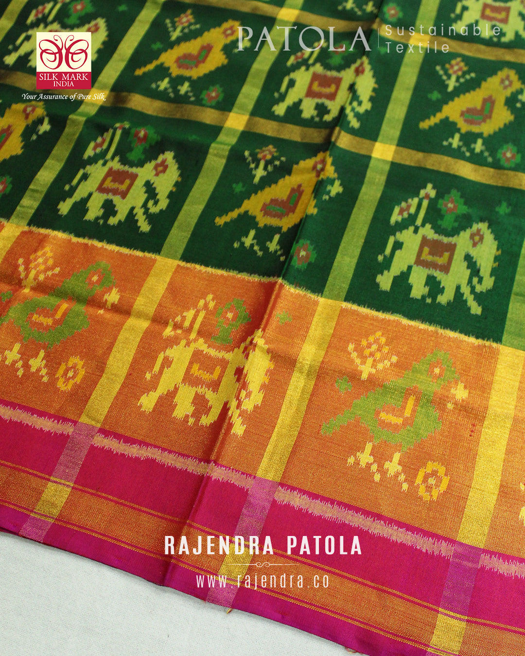 Traditional Zari Checks Pink Green Single Ikat Rajkot Patola Saree
