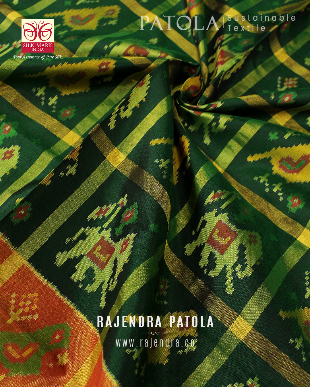 Traditional Zari Checks Pink Green Single Ikat Rajkot Patola Saree