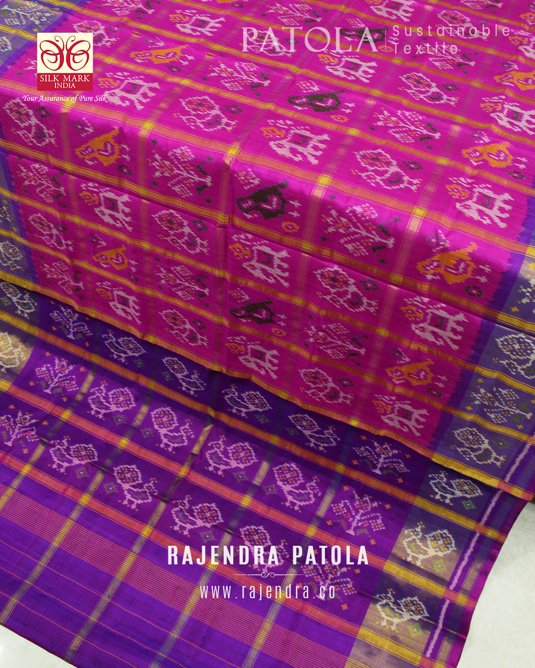Traditional Zari Checks Hathi Popat Single Ikat Rajkot Patola Saree