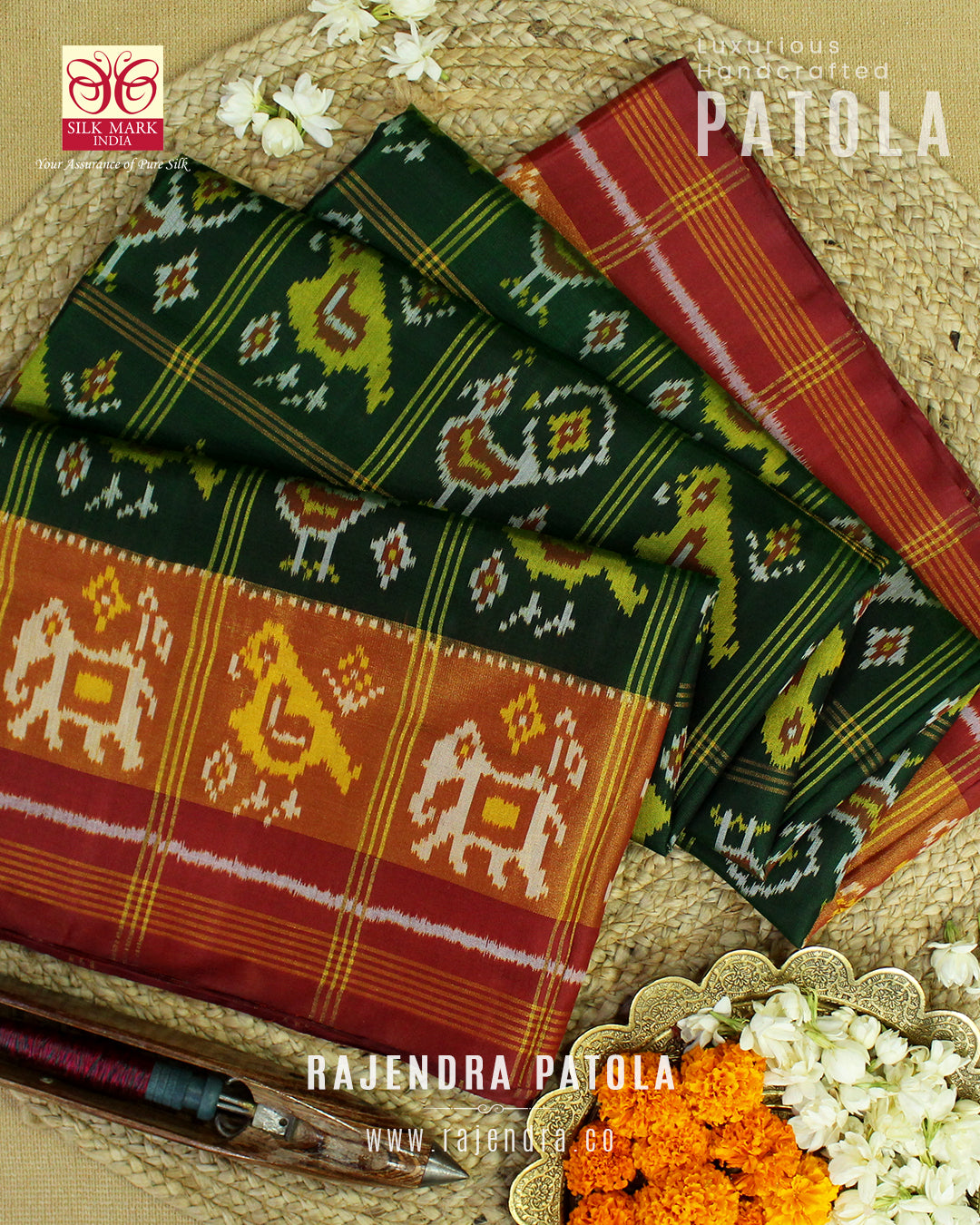 Traditional Hathi Popat Red Green Zari Checks Rajkot Patola Saree