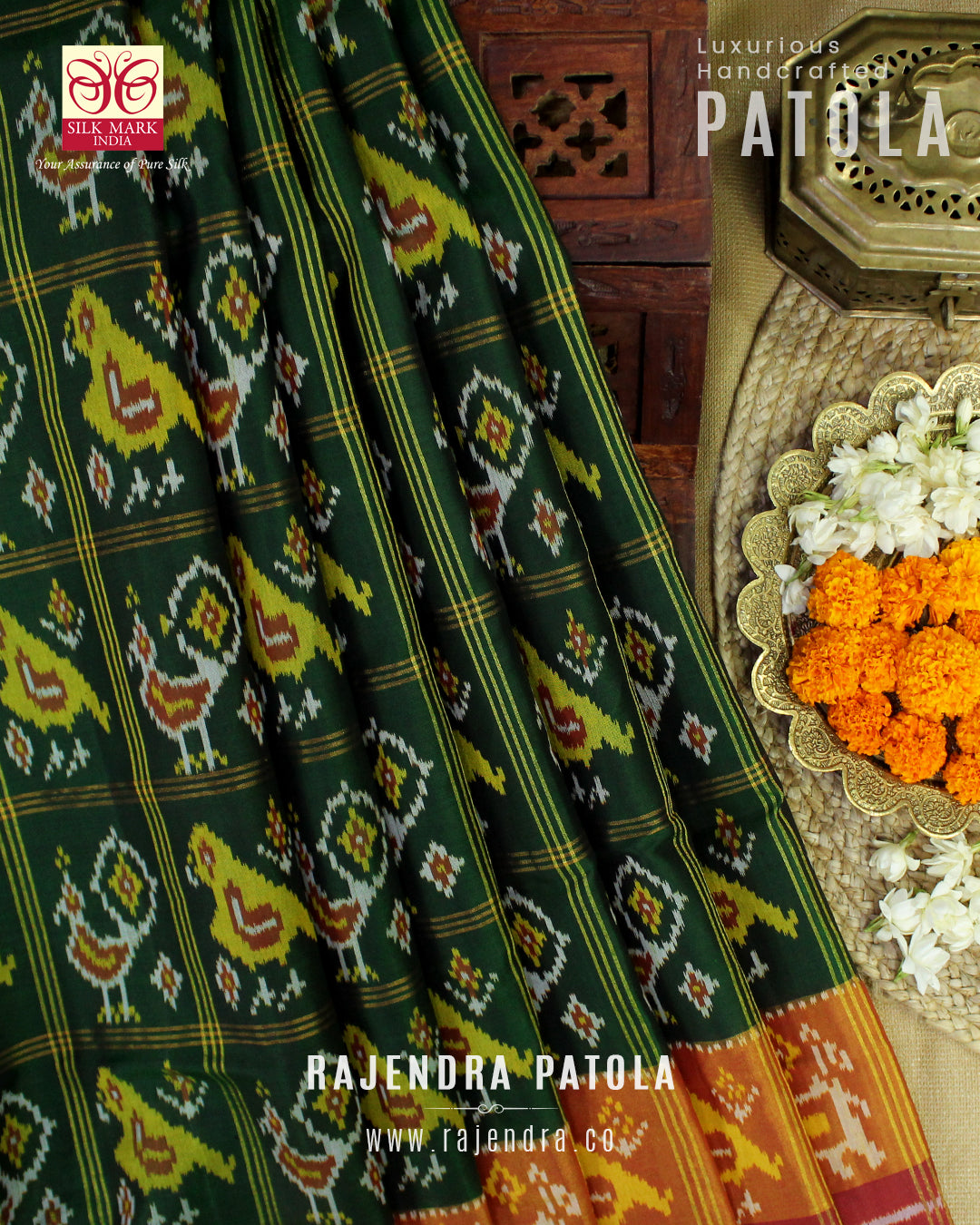 Traditional Hathi Popat Red Green Zari Checks Rajkot Patola Saree