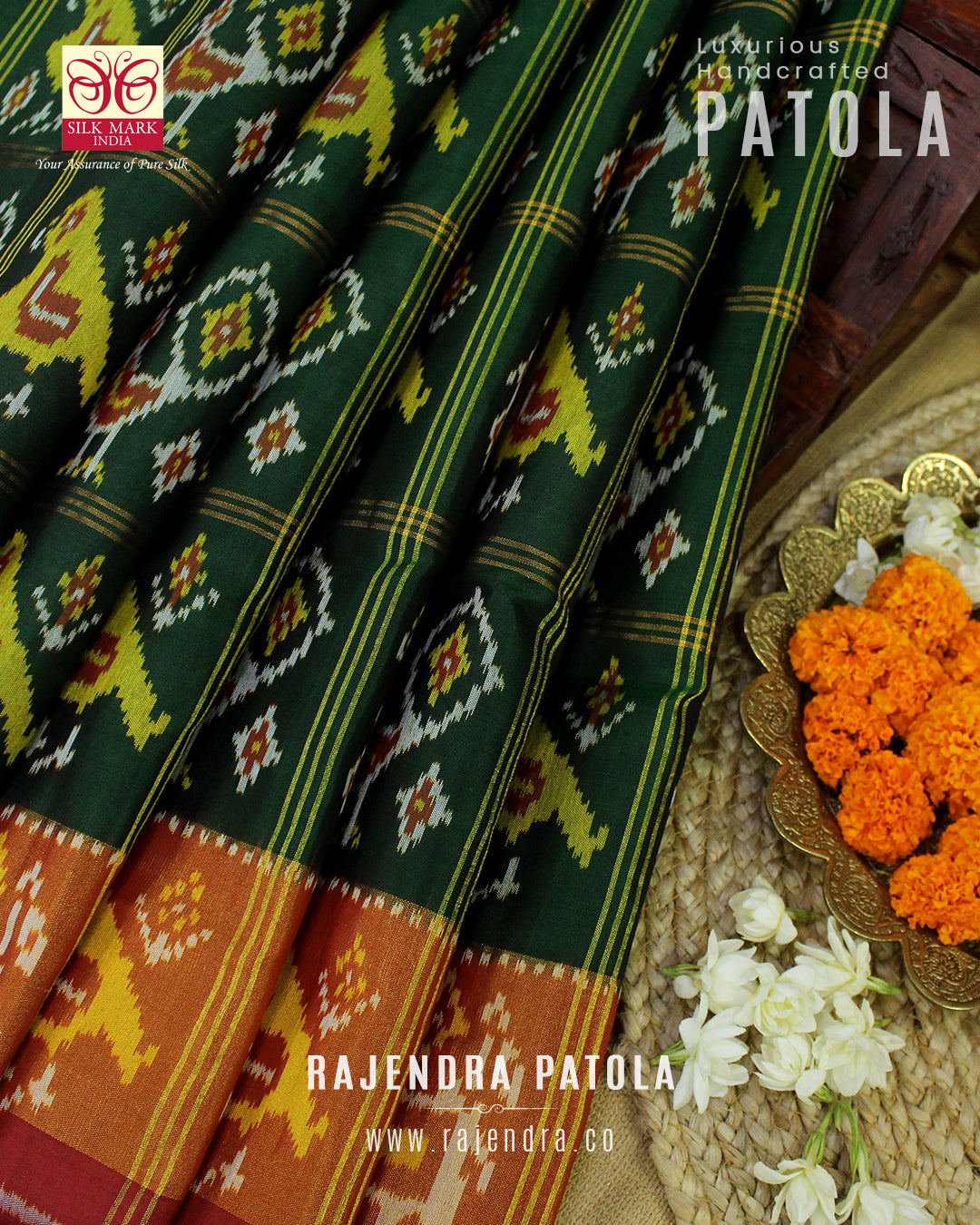 Traditional Hathi Popat Red Green Zari Checks Rajkot Patola Saree