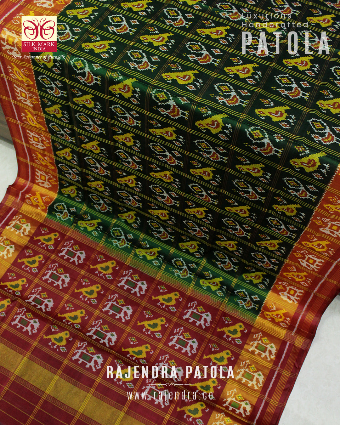 Traditional Hathi Popat Red Green Zari Checks Rajkot Patola Saree