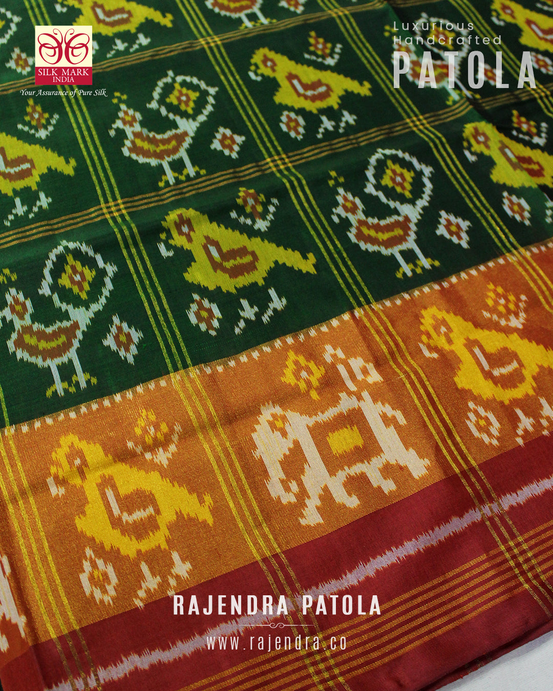 Traditional Hathi Popat Red Green Zari Checks Rajkot Patola Saree