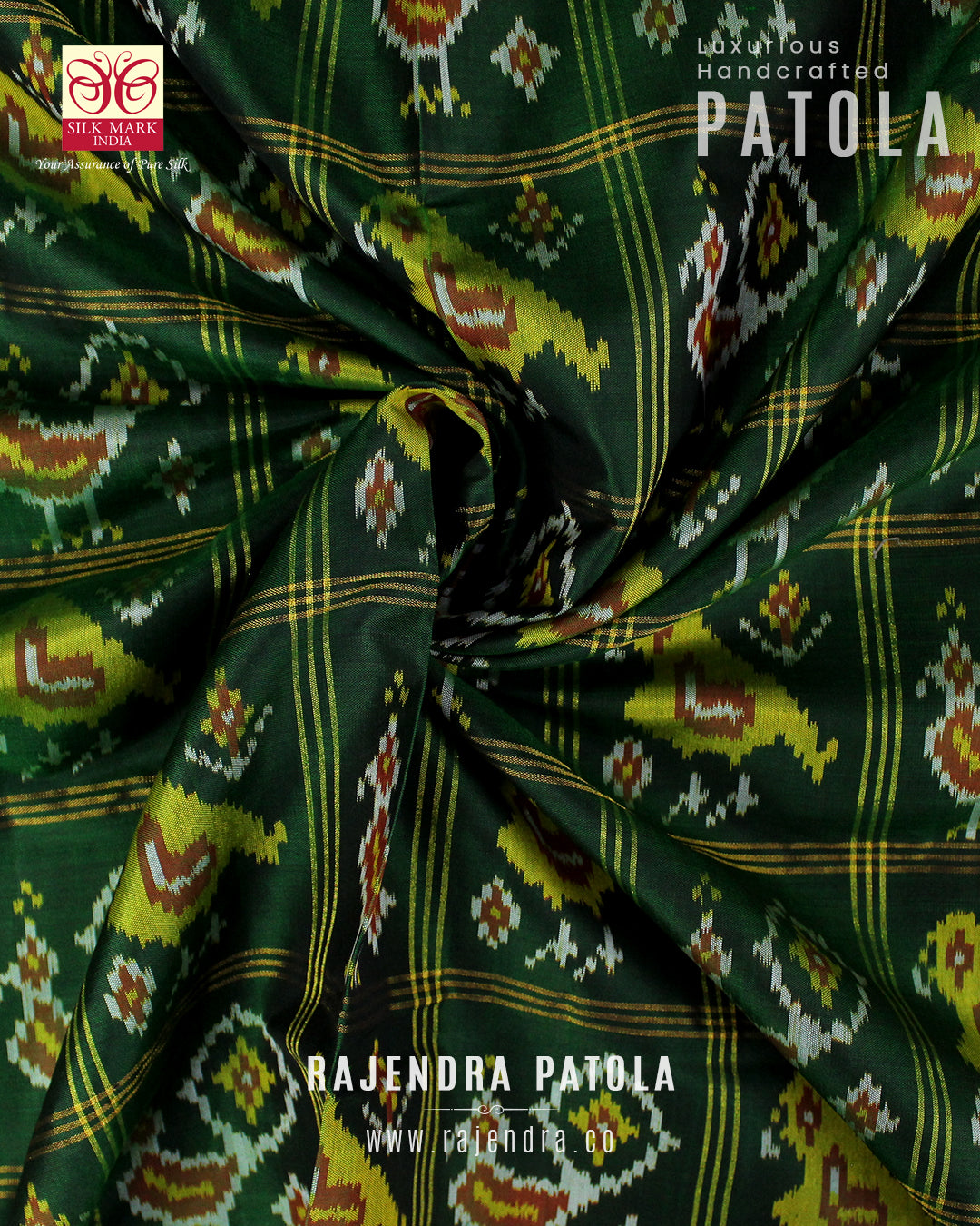 Traditional Hathi Popat Red Green Zari Checks Rajkot Patola Saree