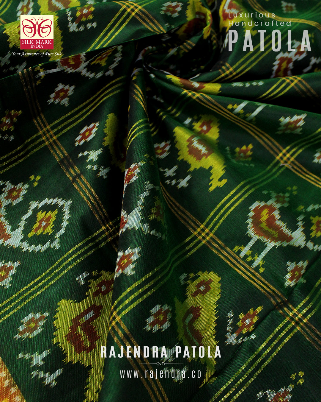 Traditional Hathi Popat Red Green Zari Checks Rajkot Patola Saree