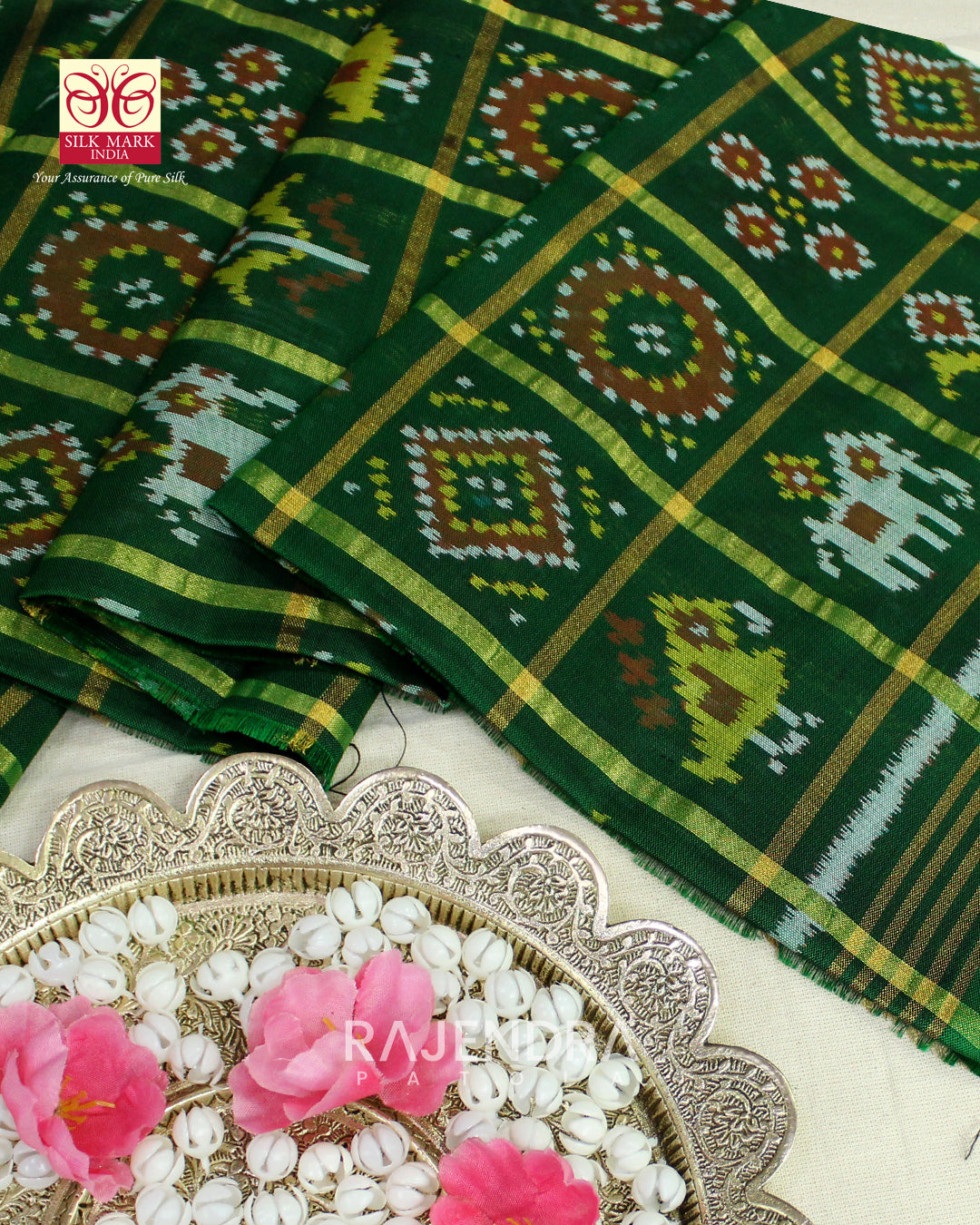 Traditional Zari Checks Bandhani Bhat Green Single Ikat Rajkot Patola Dupatta